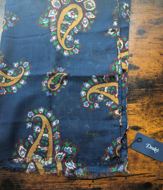 Drake's Navy Large Paisley Wool Silk Print Scarf