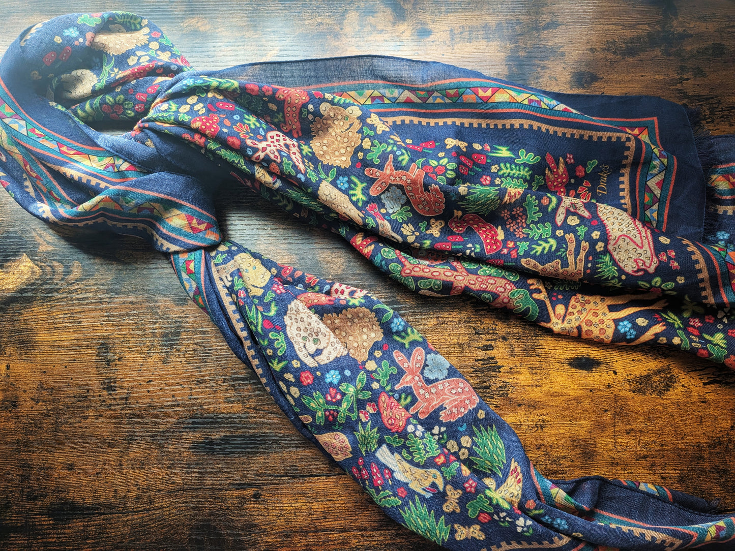 Drake's Navy Mythical Animals Print Wool Silk Scarf Limited Edition