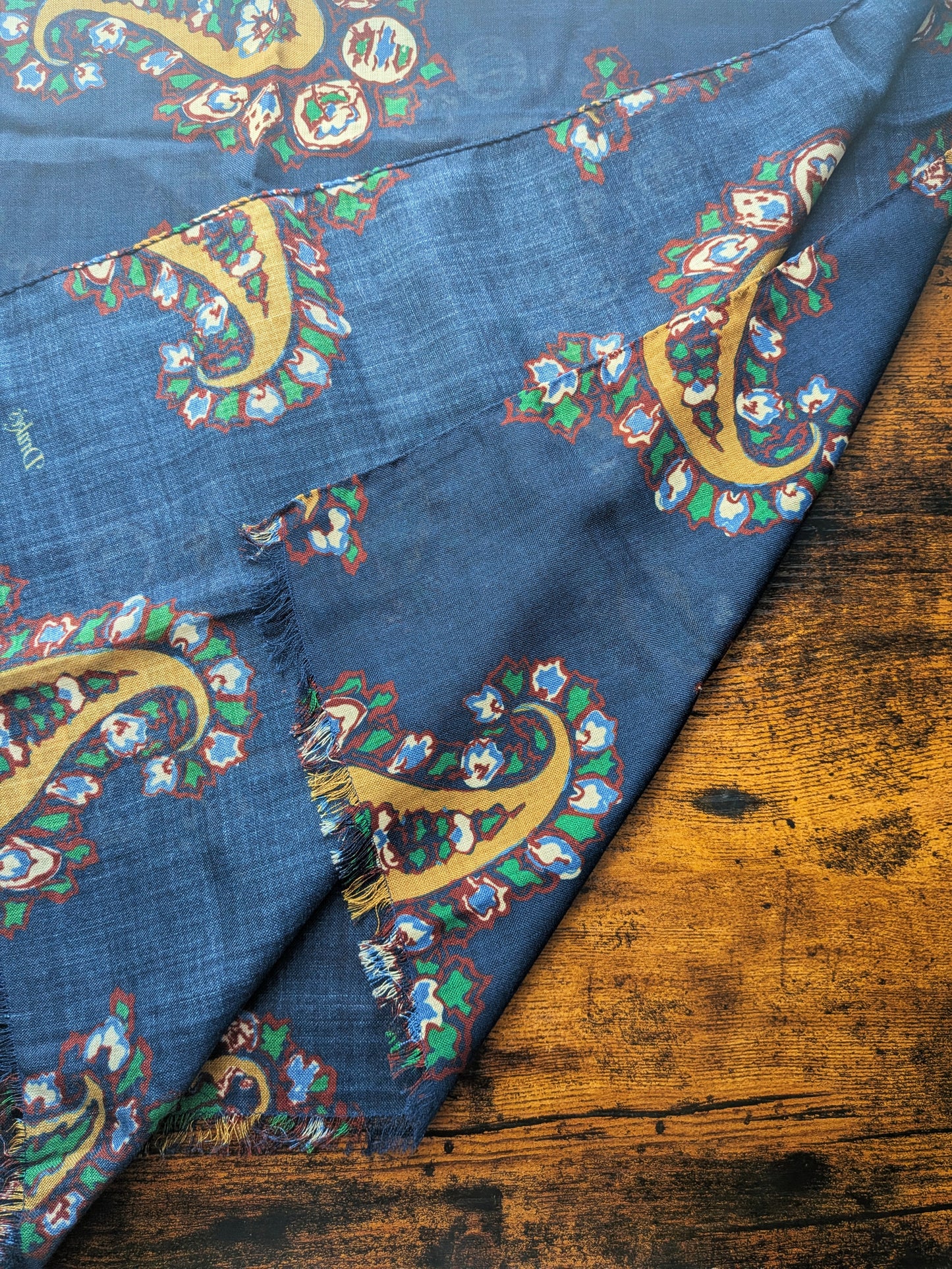 Drake's Navy Large Paisley Wool Silk Print Scarf