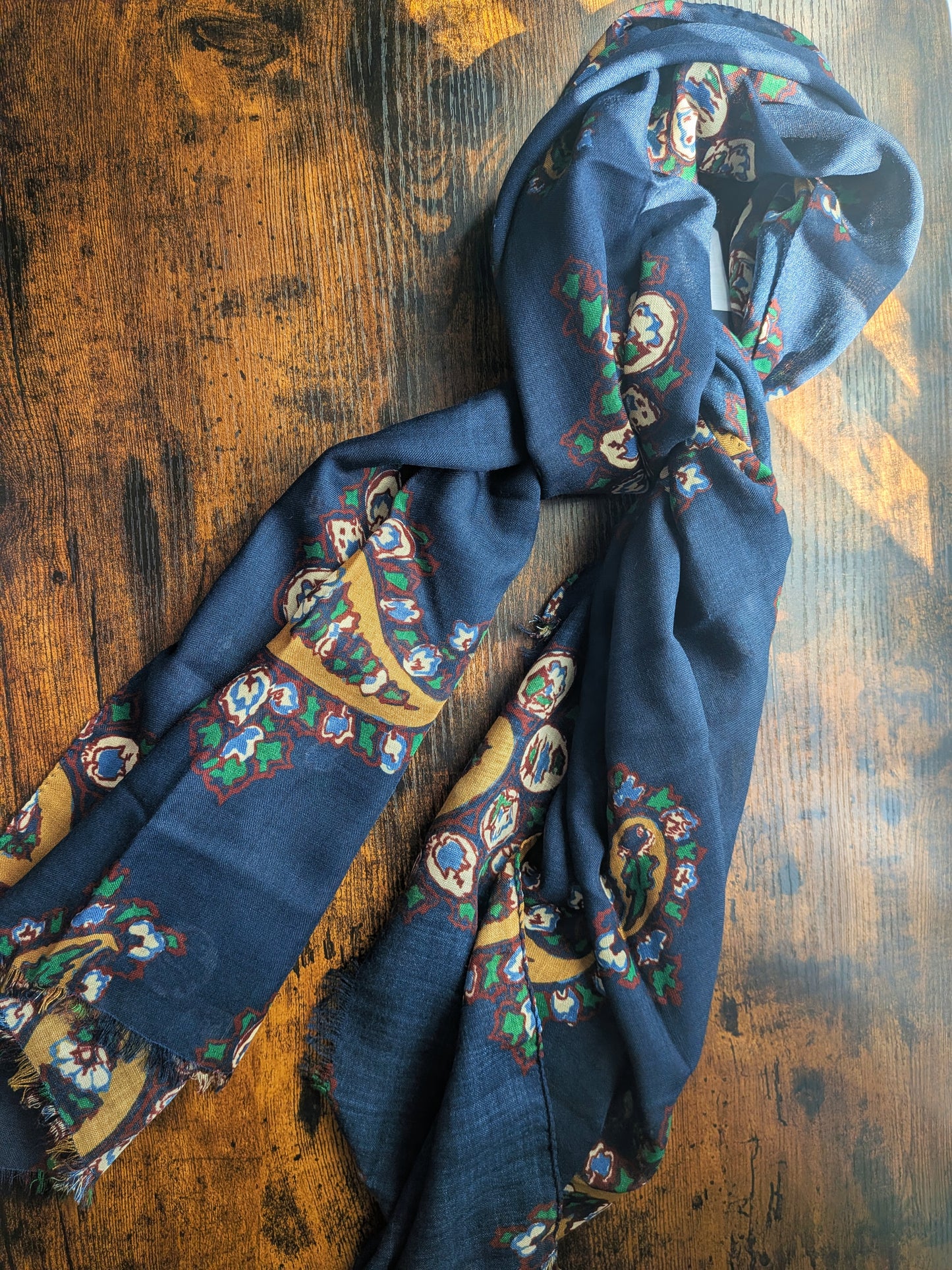 Drake's Navy Large Paisley Wool Silk Print Scarf