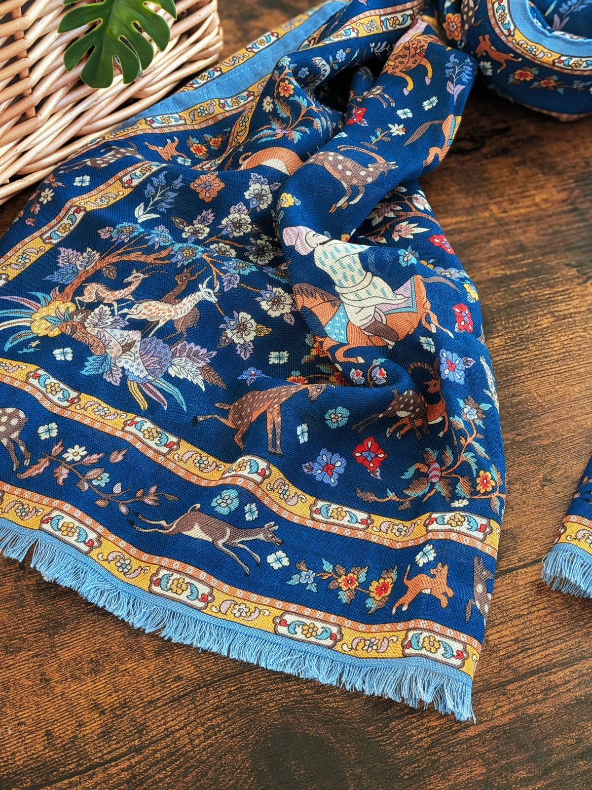 Blue Summer Mughal Print Wool Silk Scarf