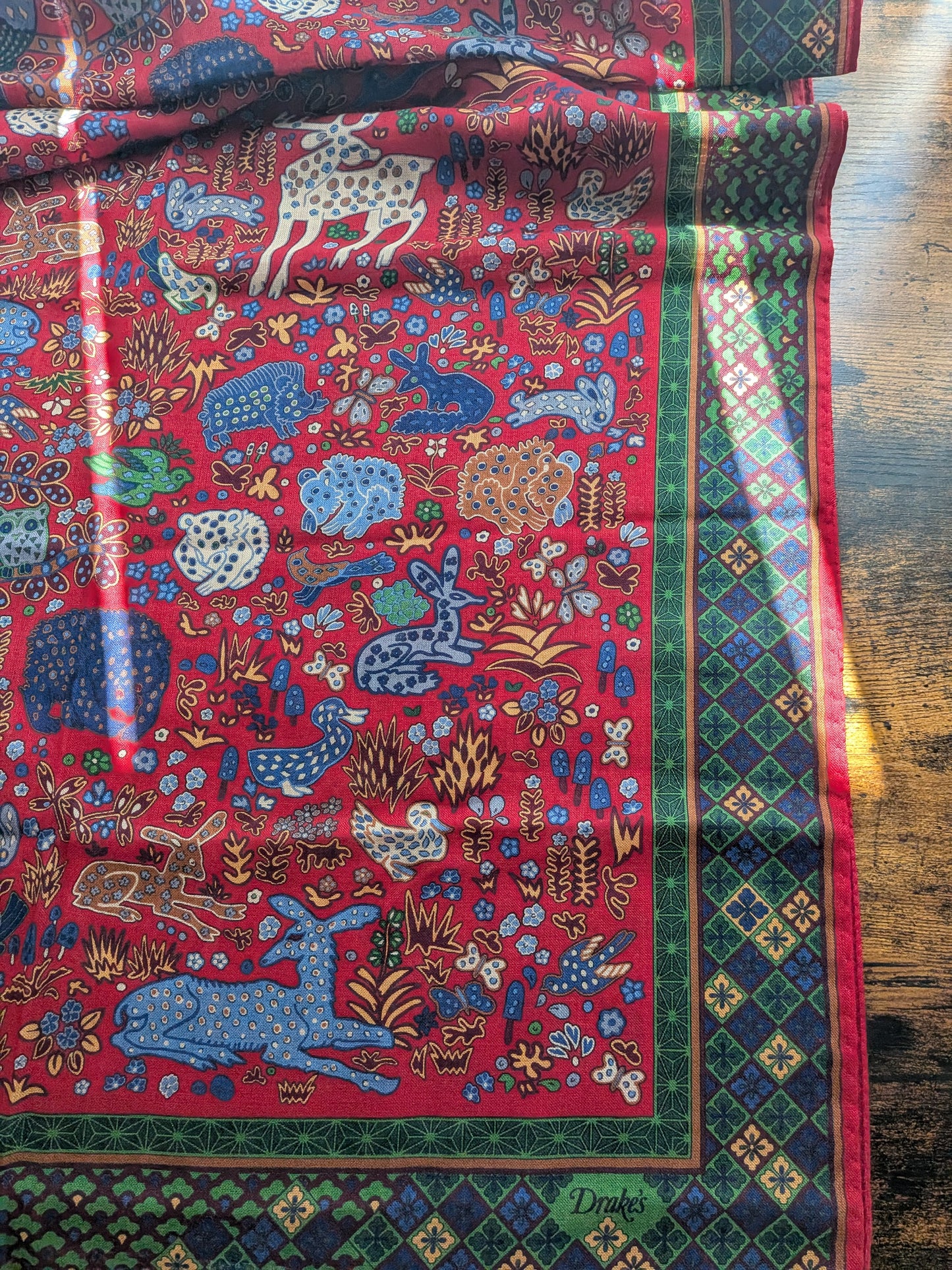 Drake's Red Green Mythical Animals Print Wool Silk Scarf Limited Edition
