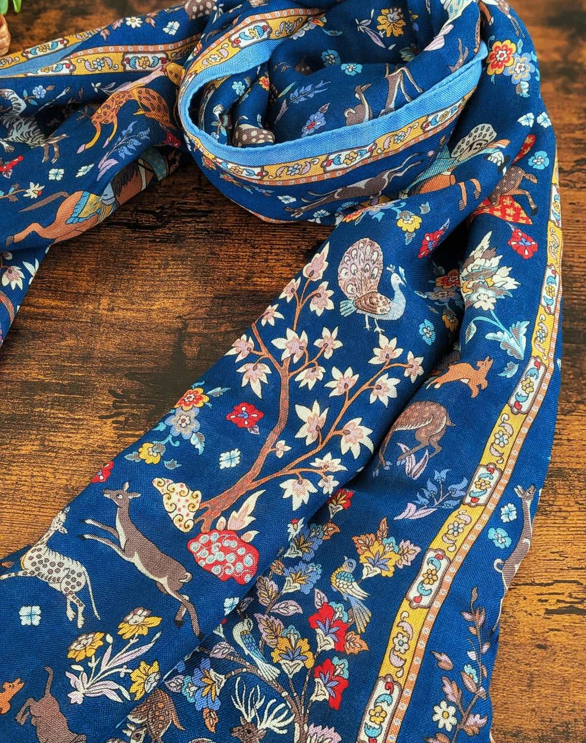 Blue Summer Mughal Print Wool Silk Scarf