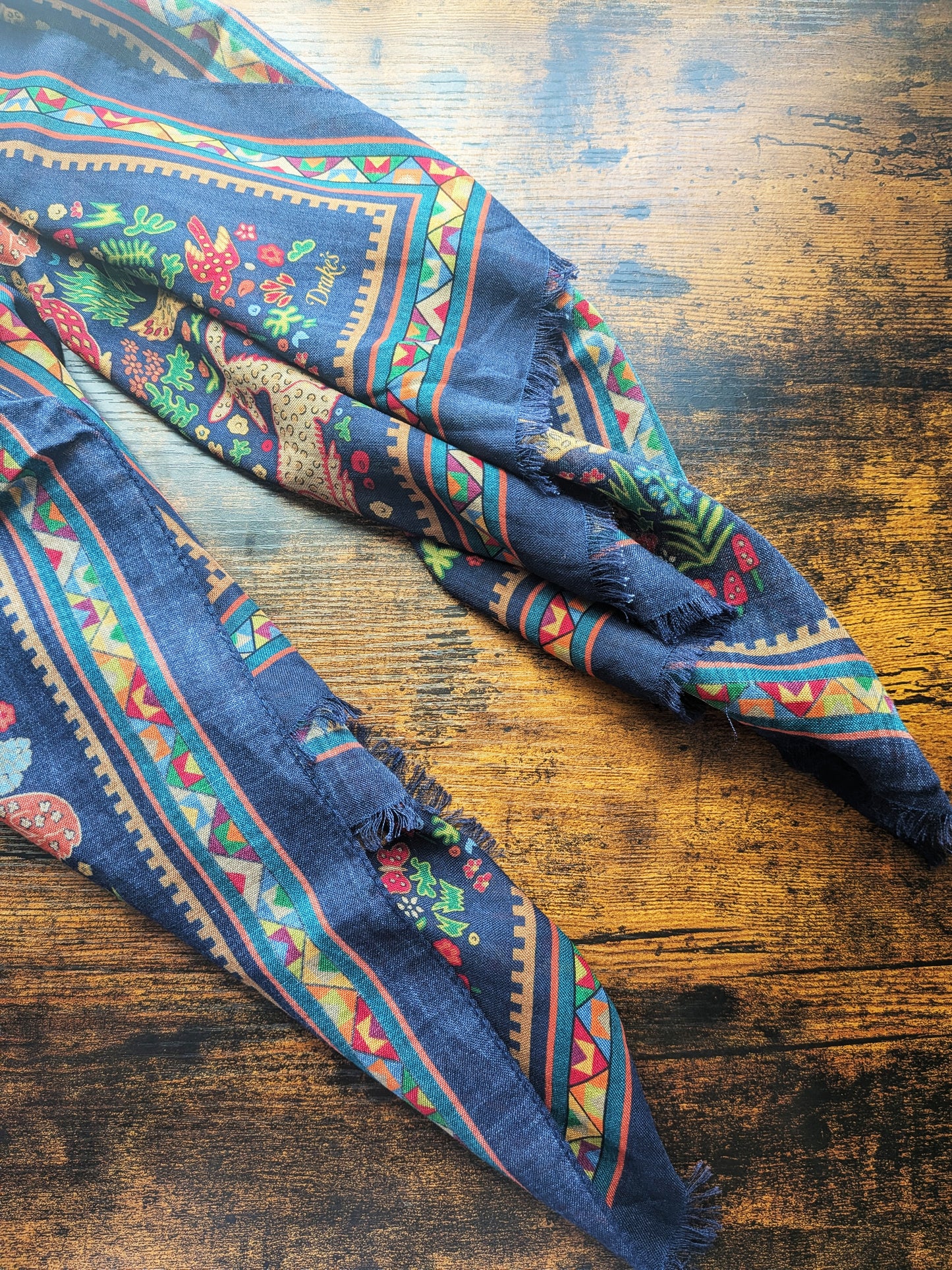 Drake's Navy Mythical Animals Print Wool Silk Scarf Limited Edition