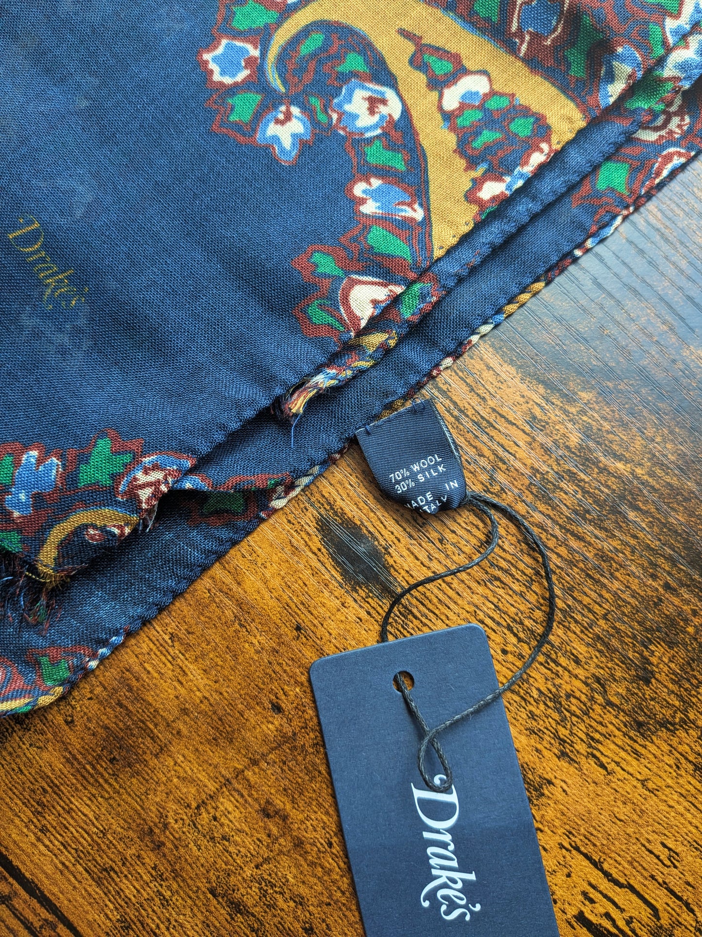 Drake's Navy Large Paisley Wool Silk Print Scarf