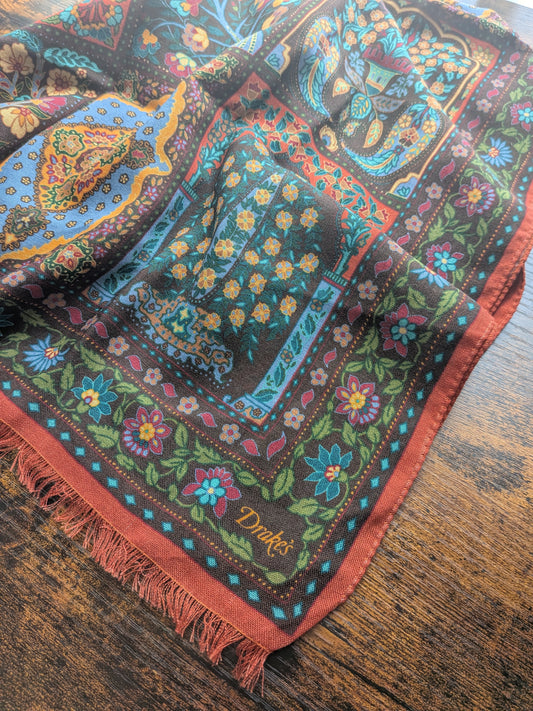 Drake's Floral Wool Silk Print Scarf Limited Edition
