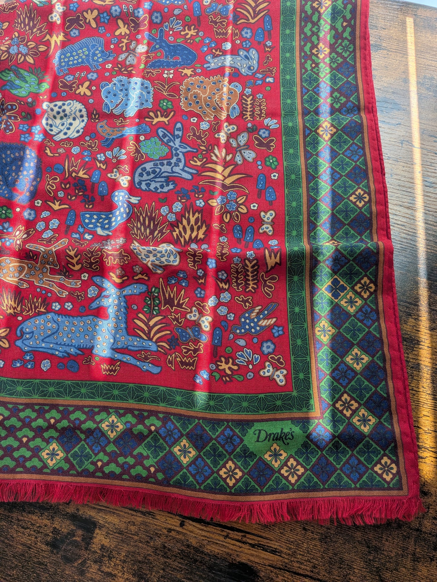 Drake's Red Green Mythical Animals Print Wool Silk Scarf Limited Edition