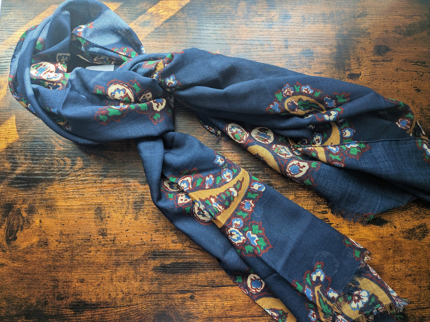 Drake's Navy Large Paisley Wool Silk Print Scarf