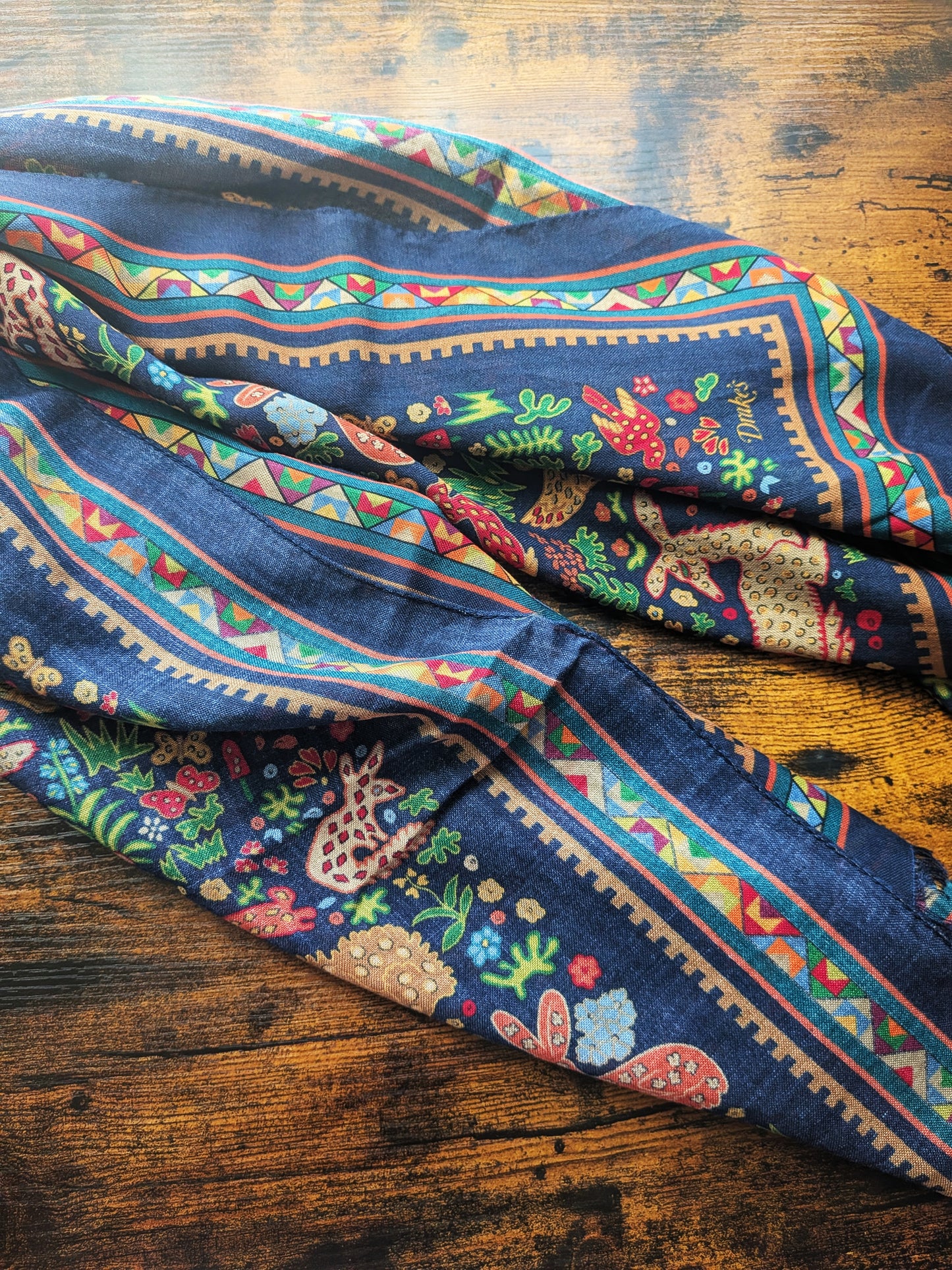 Drake's Navy Mythical Animals Print Wool Silk Scarf Limited Edition