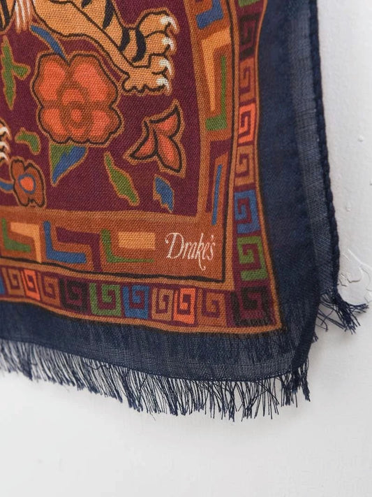 Drake's Navy Jumbo Tiger Print Wool-Silk Scarf