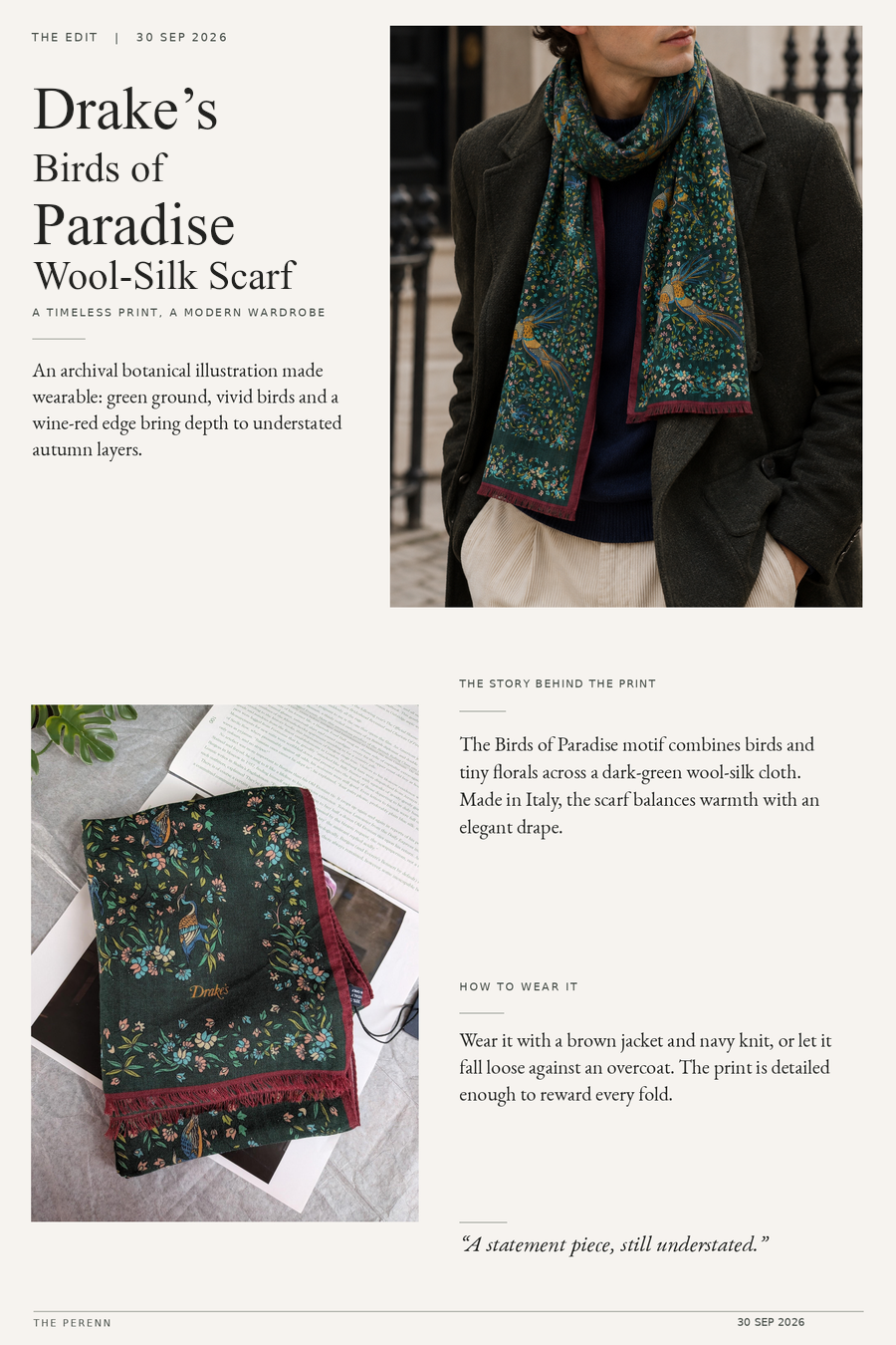 The Edit: Drake’s Birds of Paradise wool-silk scarf, magazine layout with refined title hierarchy